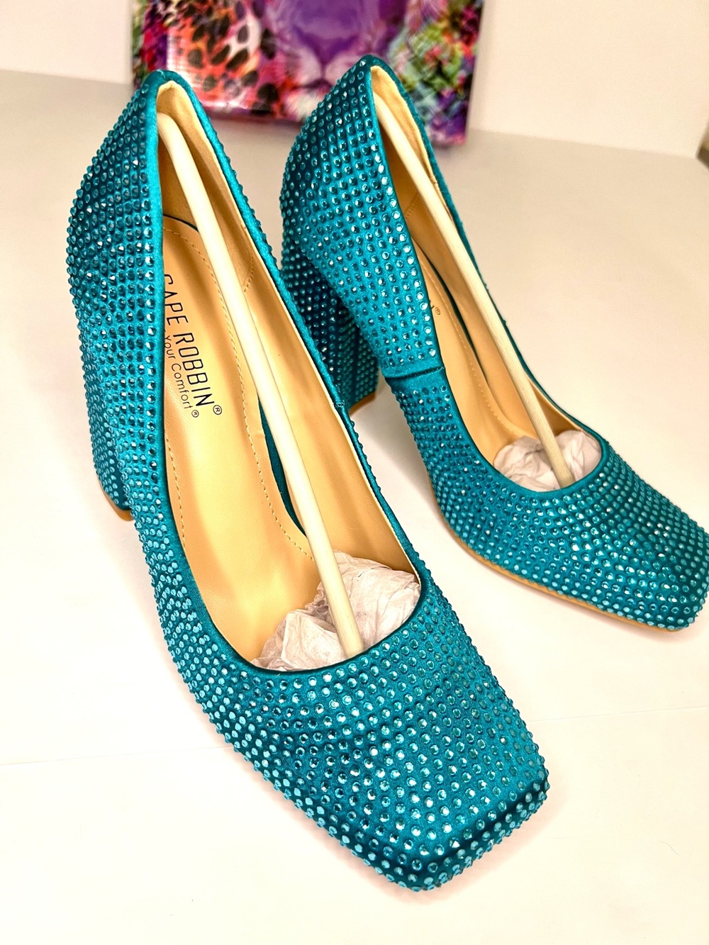 Cape Robbin Turquoise Crystal Block Heel Pumps - Picture 3 of 12